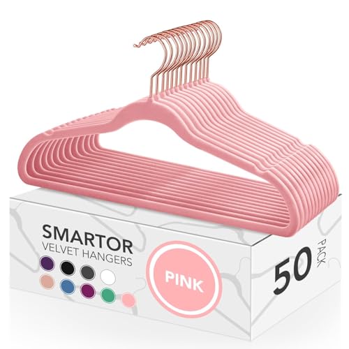 Smartor Pink Velvet Hangers - 50 Pack, Felt Hangers Non Slip Rose Gold Velvet Hangers, Heavy Duty Felt Hanger Flocked Hangers as Coat Hangers, Suit Hangers - Heavy Duty Clothes Hangers Velvet - Pink