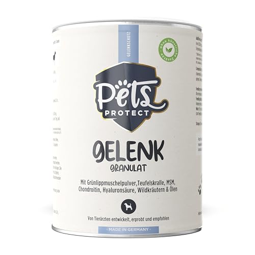GELENK GRANULAT Pets Protect Gelenkkomplex für Hunde jeden Alters | Grünlippmuschel, Hyaluronsäure, MSM, Glucosamin, Chondroitin, Teufelskralle | Mit Kräutermischung | 200g | Deutsche Herstellung