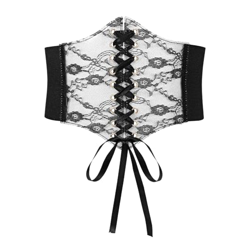 Women's Costume Wide Lace up Genuine Leather Corset Waist Belt, Elastic Corset Belt