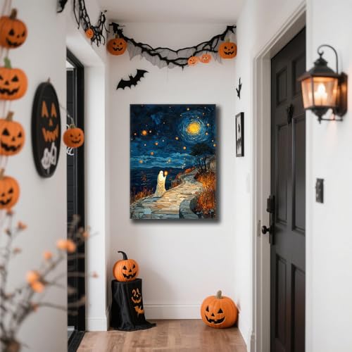 Tableau Halloween lanterne fantôme sans cadre pour changer de décor facilement