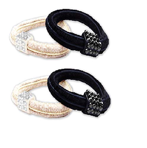 Mia Rhinestone Hair Elastics, Hair Accessories Hair Rubberbands with Rhinestone Attachment, Smooth Metal-Free, Black and White, for Women, Teens, Bride and Groom, Girls, 2pks, 4pcs
