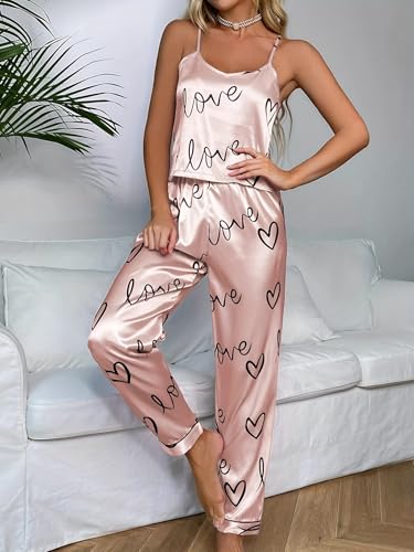 Women's Pink Heart Print Silk Satin Pajamas Sets Cami Shorts Sets Sleepwear