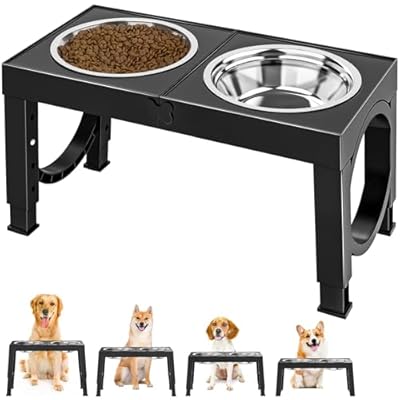 Aystkniet Elevated Dog Bowls for Medium Large Breed Dogs, 4 Height Adjustable Dog Raised Bowls Stand to 23cm, 27cm, 31cm, 35cm, 2 Thick Stainless Steel Dog Food Water Bowls, No Slip Dog Feeder