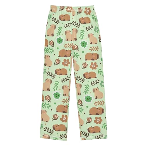 Cute Capybara Green Flowers Cute Pajama Pants, Soft Sleepwear Lounge Pants Pajama Pj Bottoms for 6-14 Years