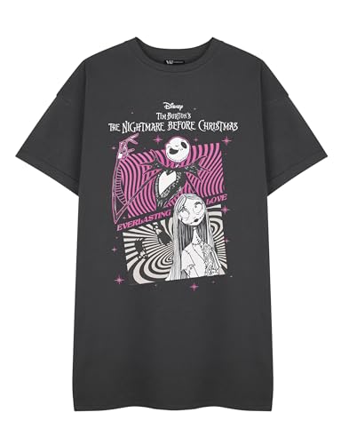 Image of Disney The Nightmare Before Christmas Womens Charcoal T-Shirt Dress | Everlasting Love Design | Tim Burton Movie Merchandise | Jack Skellington Sally Print Gothic Fashion