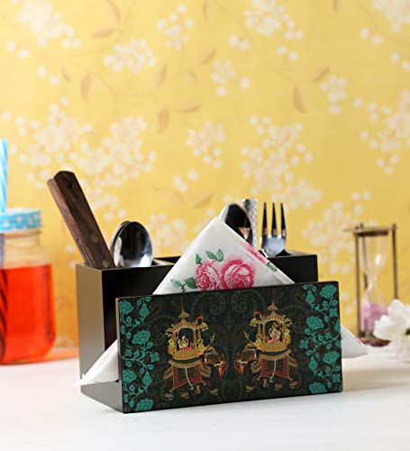 Image of Engineered Wood Cutlery & Tissue Holder Multipurpose Spoon Chammach Stand Table Organizer For Home Kitchen Dinning Retaurant Office | 4 Section Size 7X5X4 (Raja Ranistationary)