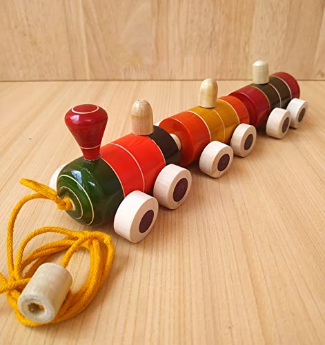 Image of Channapatna Toys Wooden Train for 12 Months & Above Kids, Toddlers, Infant & Preschool Toys - Multicolor - with Attached String- Encourage Walking, Free Tiger peg Doll