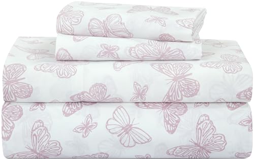 Royale Linens 300 Thread Count 100% Long Staple Combed Cotton Printed Sheet Set - 4 Piece Full Bed Sheet - 1 Fitted Sheet, 1 Flat Sheet, 2 Pillow case - Cool & Crisp Sheet Set (Full, Butterfly Purple)
