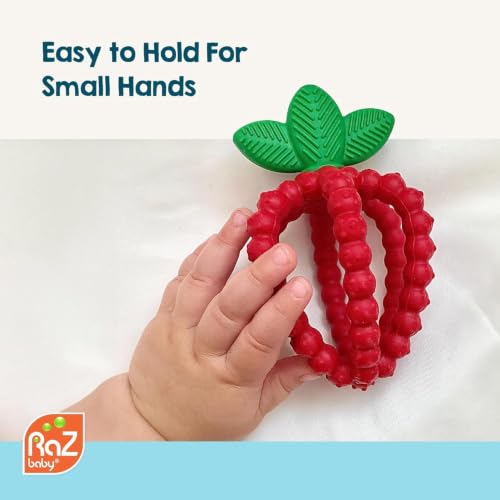 Image of RaZbaby Silicone Infant & Baby Teething Toy, Textured BerryBumps Soothe Babies Sore Gums, RaZberry Bites Relief Teether, Back & Front Teeth, BPA Free, Fruit Shape for Babies 3M+ (Red & Blue)
