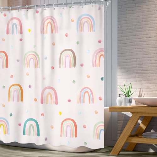 Image of Girls Rainbow Shower Curtain 60Wx72L Inch Kids Boho Pink Polka Dots Cartoon Cute Watercolor Aesthetic Colorful Shower Curtain Bathroom Set Pretty Bath Curtain Bathtub Accessories Home Decor
