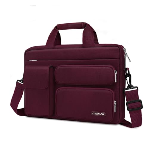 Image of MOSISO Laptop Shoulder Bag Compatible with MacBook Air 15 M3 M2 2024 2023 /Pro 16 inch M4 M3 M2 M1,15-15.6 inch Notebook with 2 Raised&1 Flapover&1 Horizontal Pocket&Handle&Belt, Wine Red