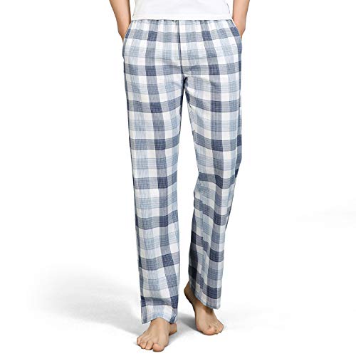 RENZER Men's Sleep Pajama Pants 100% Cotton Sleep Long Lounge Pants Plaid Sleepwear Blue/White