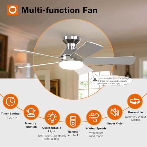 Image of addlon Ceiling Fans with Lights, 42 Inch Low Profile Ceiling Fan with Light And Remote Control, Flush Mount, Reversible, 3CCT, Dimmable, Quiet, Nickel Small Ceiling Fan for Bedroom Indoor /Outdoor Use