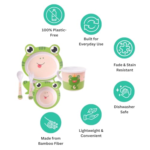 Image of Bamboo Kids Feeding Set of 5 | Made of Bamboo | Kids Crockery Set Tableware |Baby Utensils and Dishes Set | Eco-Friendly |Organic & Natural(Funny Frog)