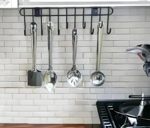 Image of Self Adhesive Kitchen Hook Rack | No Drill Wall Mounted Utensil Hanger with 11 Hooks | Heavy Duty Carbon Steel Kitchen Rail for Pots, Pans & Tools | Space Saving (Black)