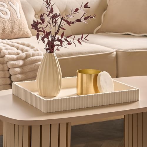 OHS Rectangle Decorative Tray Ribbed Coffee Table Tray Modern Centrepiece Decoration Kitchen Counter Candle Holder Plastic Organiser Accessory Trays Cream