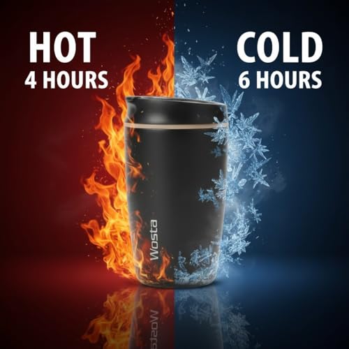 Image of Wosta SmoothSip Slider Insulated Stainless Steel Coffee Tumbler, Reusable Iced Coffee Cup, Hot Coffee Travel Mug, BPA Free 12 oz / 380 ml. (Black)