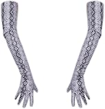 LAQWARM Black Super Long Leather Gloves for Women Faux Patent PU Sexy Opera Glossy Pair Finger Gloves Cosplay Matching (A pair Snakeskin Silver, Medium)
