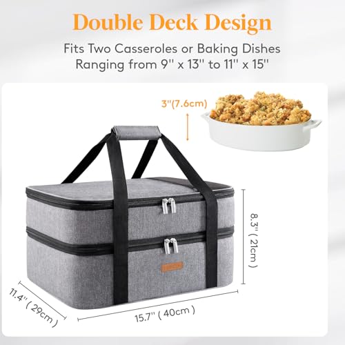 Lifewit LUNCIA Insulated Double Decker Casserole Carrier, Lasagna Lugger Tote Keeps Food Hot or Cold, Thermal Lunch Bag for Potluck Parties, Picnic and Cookouts, Fits 9" x 13" Baking Dish, Grey