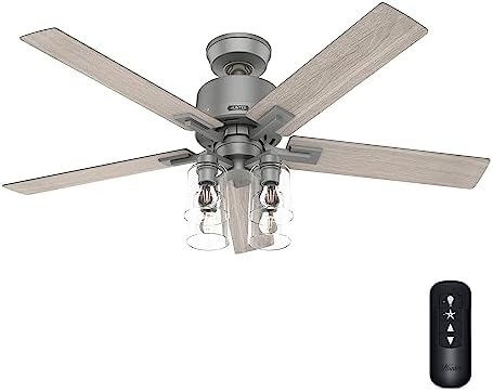 Hunter 52 inch Indoor Ceiling Fan with LED Lights and Remote Control - Smart Ceiling Fan, Standard Mount, 5 Blades, For Bedroom, Living Room, or Kitchen, Quiet - Techne 52310, Matte Silver
