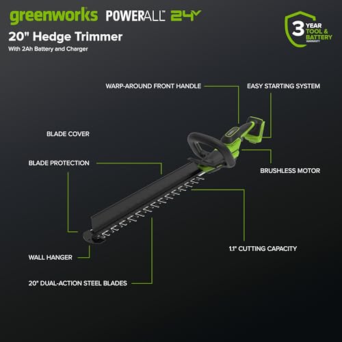 Image of Greenworks 24V 20in Hedge Trimmer, 2.0 Ah Battery and Charger Included
