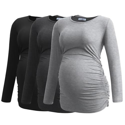 Image of Smallshow Women's Maternity Shirts Long Sleeve Pregnancy Clothes Tops 3-Pack Medium Black-Deep Grey-Light Grey