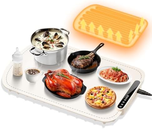 Warming Mat for Food, Upgraded Fast-Heating Electric Warming Tray with 7 Temp Levels & 8 Timers, Buffet Raised Feet & Rollable Silicone Heat Pad, Portable Food Warmer for Home, Party & Travel (Beige)