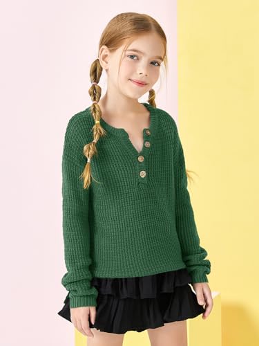 Image of rrhss Girls Waffle Knit Sweaters Trendy Henley Button V Neck Long Sleeve Pullover Jumper Tops