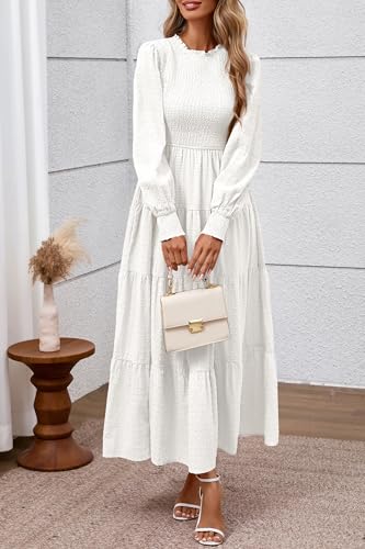 PRETTYGARDEN Women's Long Sleeve Maxi Dresses 2025 Fall Casual Smocked Trim Neck Swiss Dot Tiered Flowy Wedding Guest Dress3