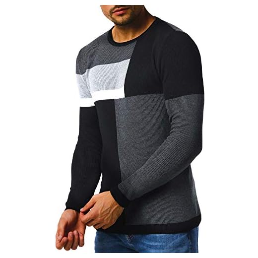 Leif Nelson Stickad tröja för män tröja med rund krage fin stickad tröja herrtröja för vinter rund hals smal passform långärmad crew neck LN2030, svart antracit, L