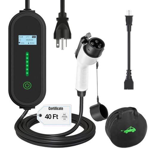40ft Portable EV Charger 16A Level 1/2 NEMA 6‑20 Plug & NEMA 5‑15 Adapter