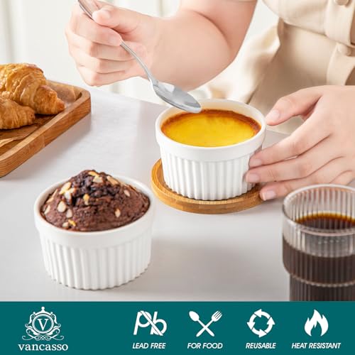 vancasso 6 oz Ramekins with Covers, Souffle Dishes Set of 6, 9.5cm White Porcelain Creme Brulee Ramekins, Baking Cups for Pudding, Fruits, Dips, Dishwasher and Oven Safe - Image 4