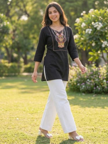 Image of Cotton Blend Embroidered Straight Kurta for Women | Cotton Blend | 3 /4 Sleeve | Round Neck V-Slit | Ethnic Wear Casual Wear
