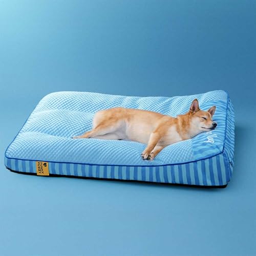 FUNNY FUZZY Cooling Orthopedic Dog Bed for Medium Large Dogs Washable Summer Dog Sofa with Breathable Cooling Fabric Supportive Bolster Pillow Pet Couch Mats for Hot Sleeping Dogs(Strip Blue XL)