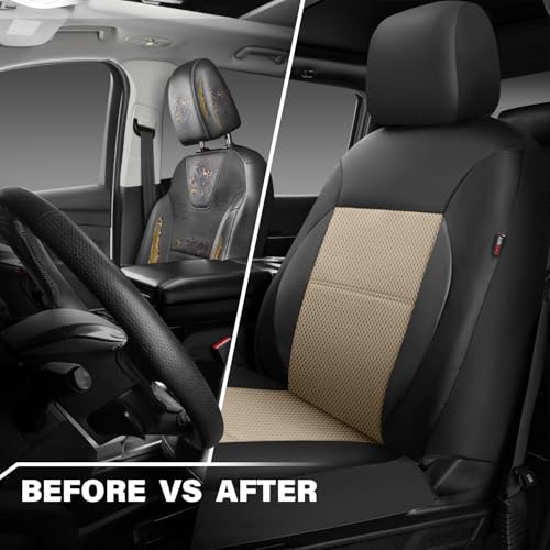 Image of CAR PASS Leather Seat Covers Breathable Air Mesh Car Seat Cover Full Set Super 5mm Sponge Inside, Airbag Compatible, Universal Automotive Interior Cover Fit for Car SUV Truck Van Black Beige