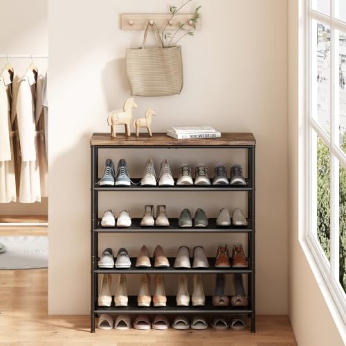 Image of INGIORDAR Shoe Rack Organizer 5 Tier Metal Organizer Shelf with Industrial MDF Board and Layer Fabric for Entryway Closet Bedroom Living Room Garage,Black & Rustic Brown (Black+Rustic Brown, 5 Tier)