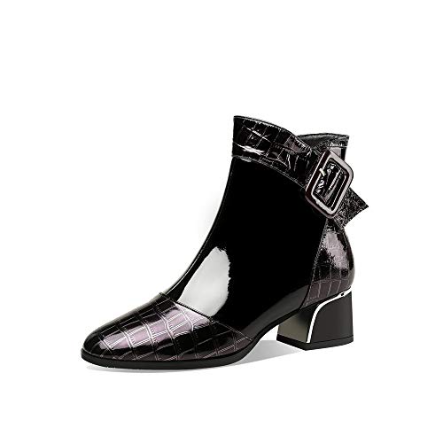 TinaCus Women's Patent Leather Handmade Round Toe Side Zipper Buckled Low Chunky Heel Stylish Bootie