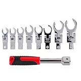 Flex Head Flare Nut Spanner Set, 9pc 9-19mm Metric Brake Line Spanner Offset Box Wrench Set, 12-Point 180 Degree Rotating Flare Nut Wrench Set Open Ring Spanner for Nuts on Brake, Fuel and Tubing