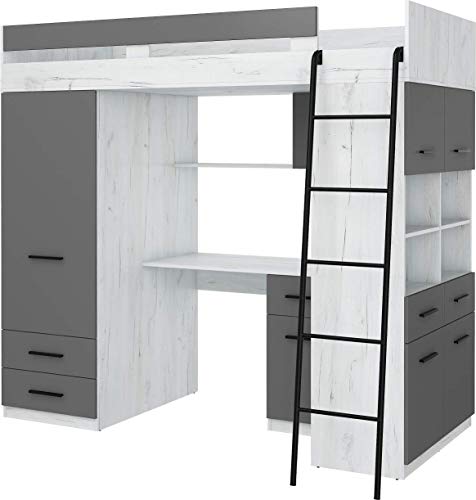 FurnitureByJDM Lit Mezzanine avec Bureau, Tiroirs, Armoire et Bibliothèque – Level Droit – (Craft Blanc/Graphite)