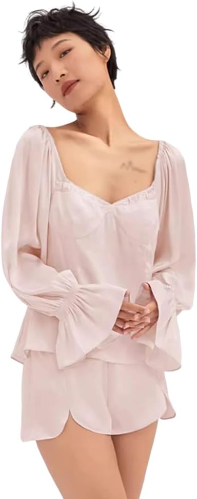 セクシーアイスパジャマ女夏半袖半ズボンセットレースシルクホーム服夏 RYHQXYLB] 夏のアイスシルクの短袖のパジャマセット、自宅の服
