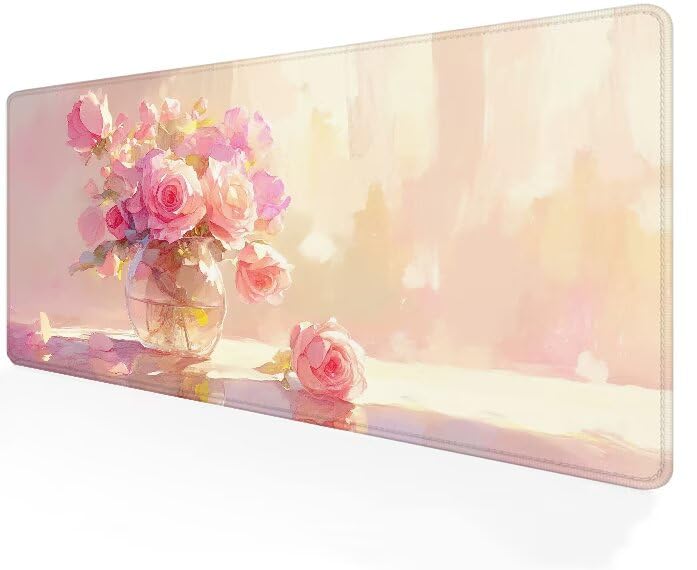 Tapis de souris XXL fleur rose 900x400mm en caoutchouc antidérapant pour le bureau