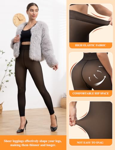 Image of Vosda Women's Fleece-Lined Tights Warm Fake Sheer-Look Pantyhose Leggings