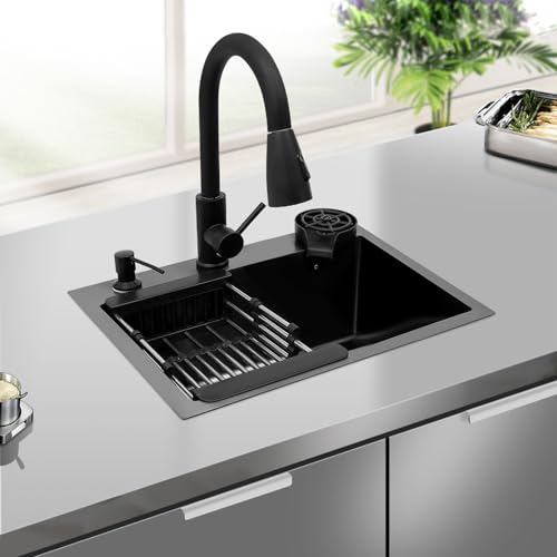 Fregadero de cocina negro con grifo extraíble para optimizar encimeras 3