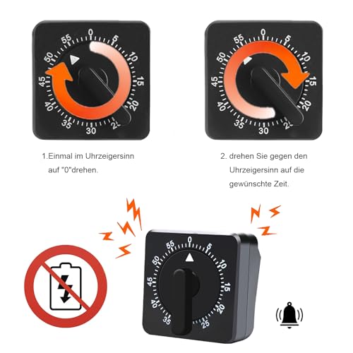 Kurzzeitmesser, Mechanischer Küchentimer, Eieruhr 60 Minuten, Timer mit Lauter Alarm für Kochen, Sport, Studieren, Schwarz – Bild 5