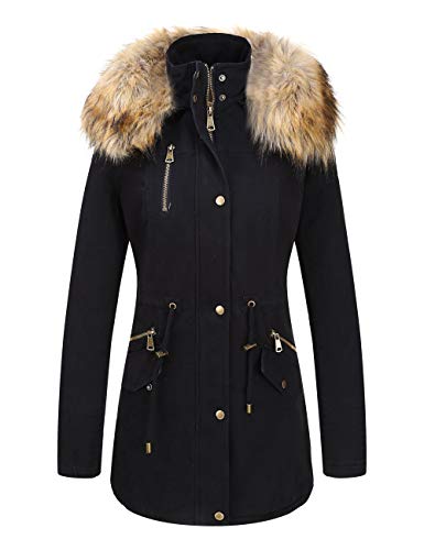 Bellivera Women's Twill Parka Jacket with Faux Fur Collar,Warm Winter Coat for Women Blackyellow Medium
