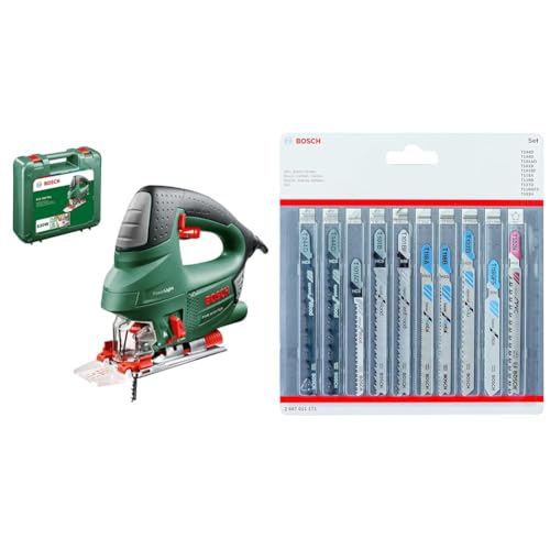 Bosch Home and Garden Stichsäge PST 900 PEL (620W, Hubzahl bei Leerlauf 500 bis 3100 U/min, in Kunststoffkoffer), 06033A0200 + Accessories 10tlg. Stichsägenblätter Set (für Holz und Metall, Zubehör)