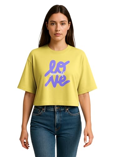 Image of HELLCAT Beige Printed Loose Fit Crew-Neck Crop T-Shirt for Women