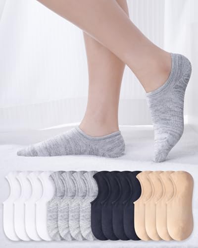 Women's No Show Ankle Socks Non Slip Invisible Socks with Anti Slip Classic Colors Black White Gray Socks (9-11)