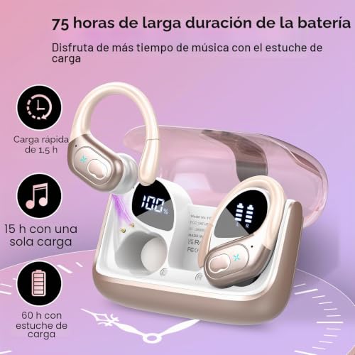 Aptkdoe Auriculares Inalámbricos Deportivos, Auriculares Bluetooth 5.4 con App Inteligente y ENC Mic, 75H Cascos Inalambricos con Pantalla LED Digital, IP7 Impermeable Cascos para Gym y Running, Rosa 3
