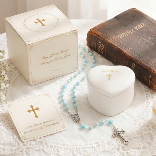 Image of NORBU Baptism Gifts for Girl, My First Rosary with Ceramic Keepsake Box, Rosary for Kids, First Communion & Baby Dedication Gifts for Newborn Baby Boys Catholic Christening Gift